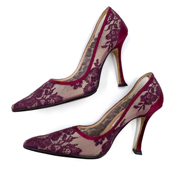 Manolo Blahnik Lace‎ Pumps Burgundy Red Floral Pointed Toe Sheer Sz 37 / 7 - Picture 5 of 10